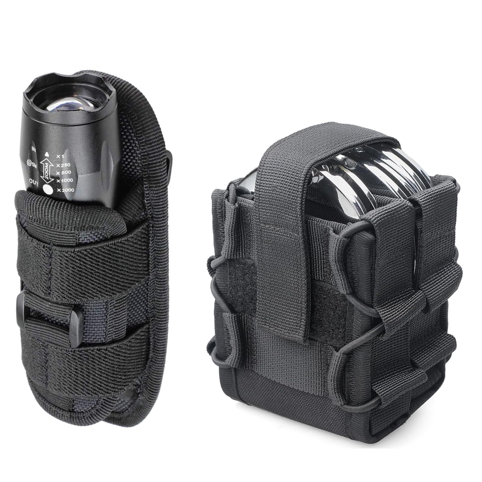Tactical Flashlight Pouch Holster with Double Handcuff Pouch Rotatable Flashlight Holder Belt Clip MOLLE Handcuff Case for Vest