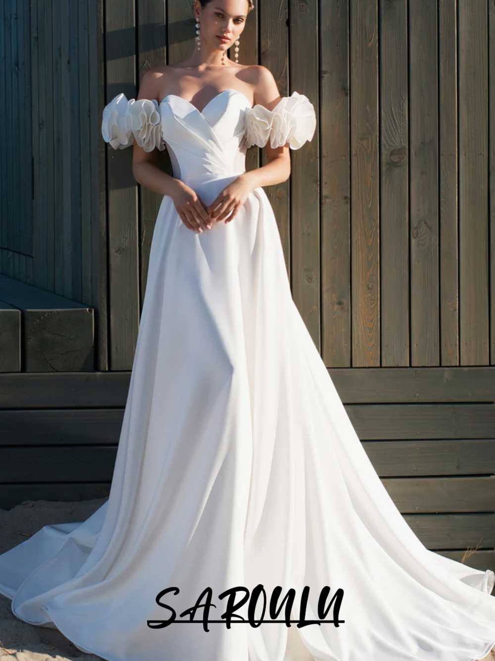 Flowy A Line Graceful Wedding Dress Detachable Ruffled Sleeves Customized Simple V Neck Bridal Gown For Women Zipper Back