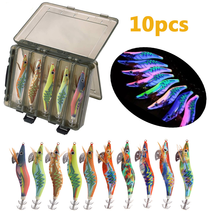 10pcs/Box Luminous Body Squid Jigs Hooks Octopus Cuttlefish Shrimp Baits Fishing Lures Wood Shrimp With Plastic Box