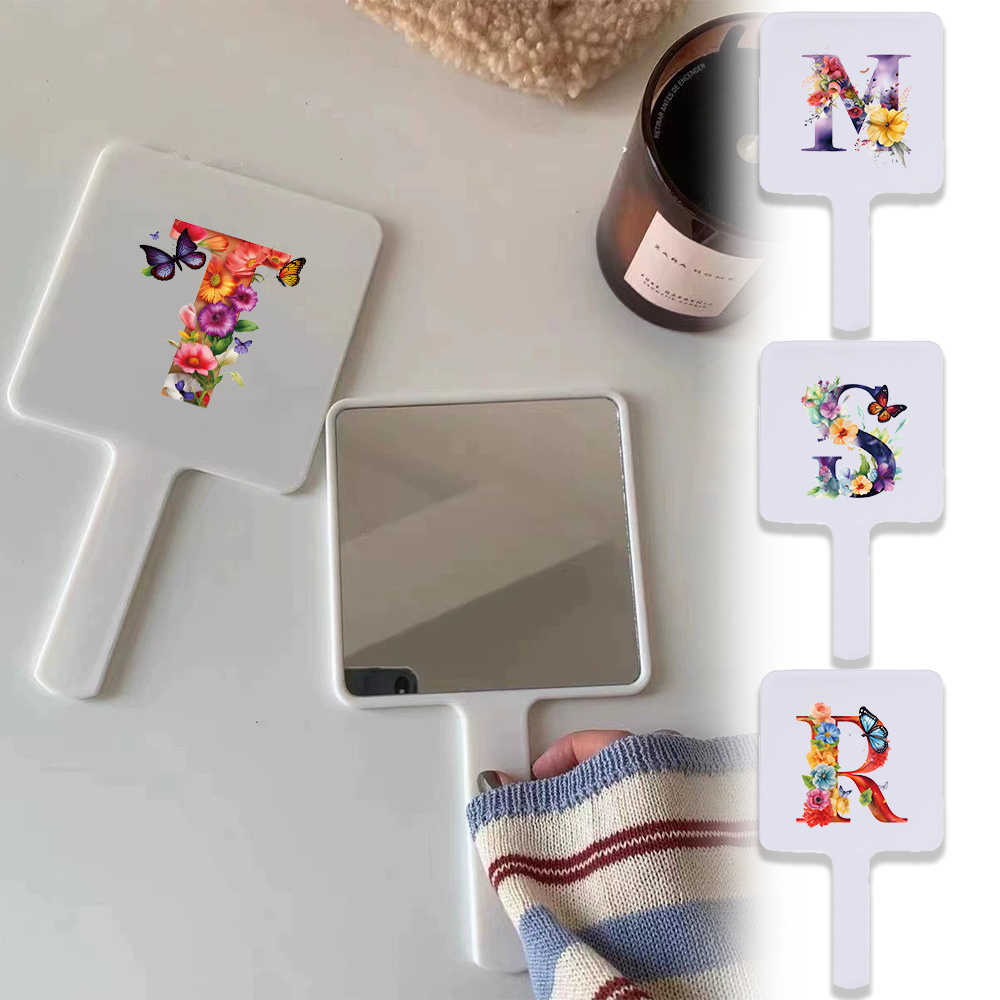 1pc Handheld Makeup Mirror With Butterfly Pattern Easy Grip Travel-Friendly Vanity Accessory Initial Name 26 Letters Pattern