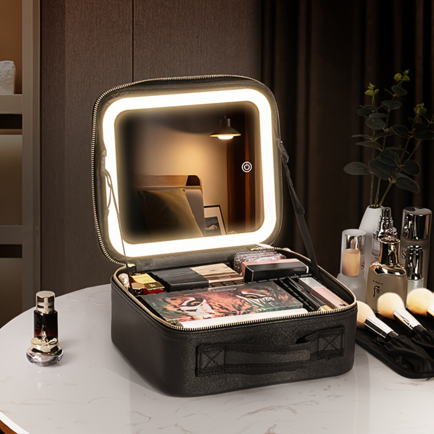 3-Color LED Lighted Makeup Case with Adjustable Dividers & Mirror - Portable Beauty Station for Travel Makeup Bag