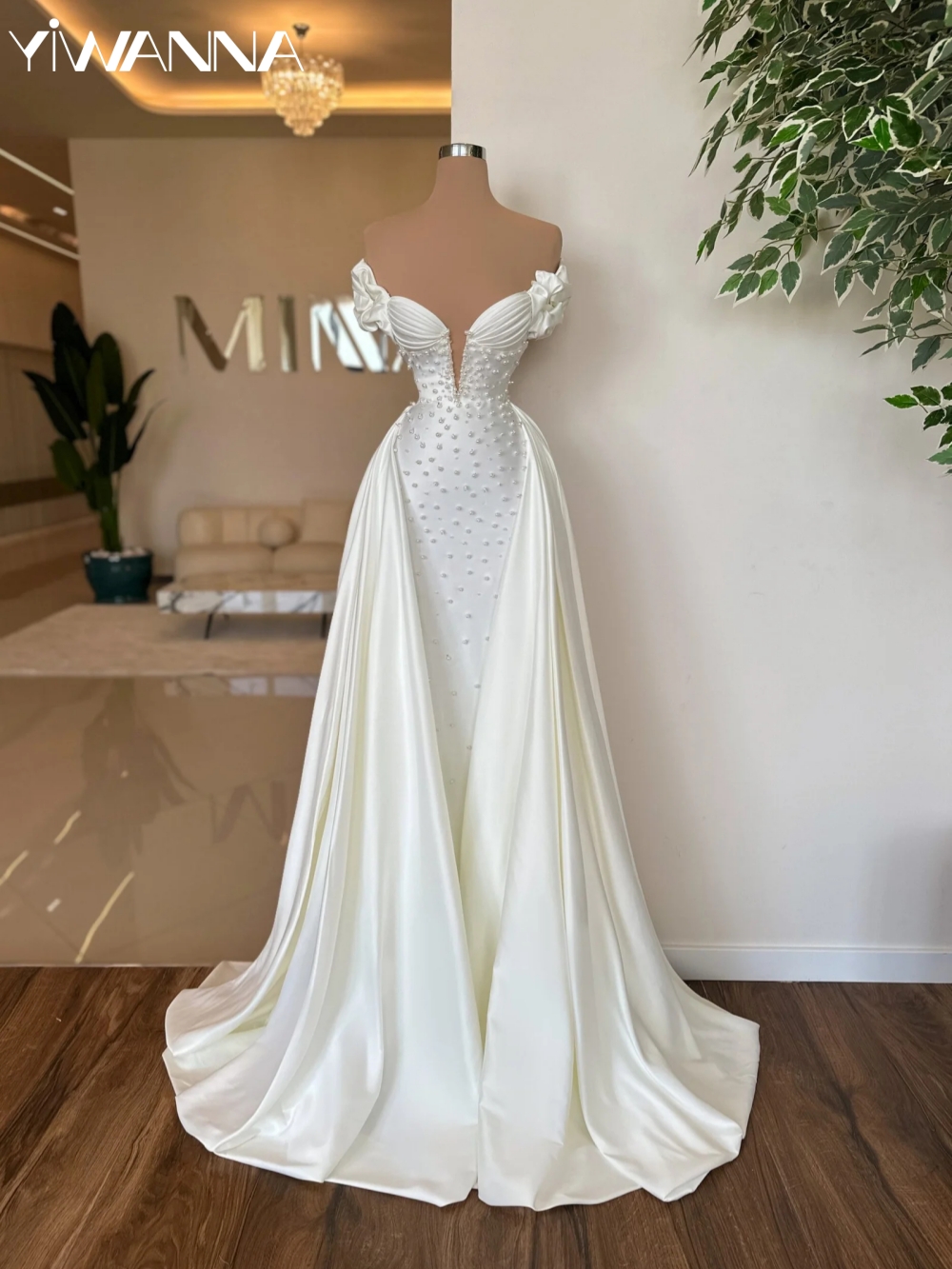 Exquisite Pearls Satin Long Wedding Dress With Detachable Train Off Shoulder Bridal Gown Customized Dreamy Dresses For Bride