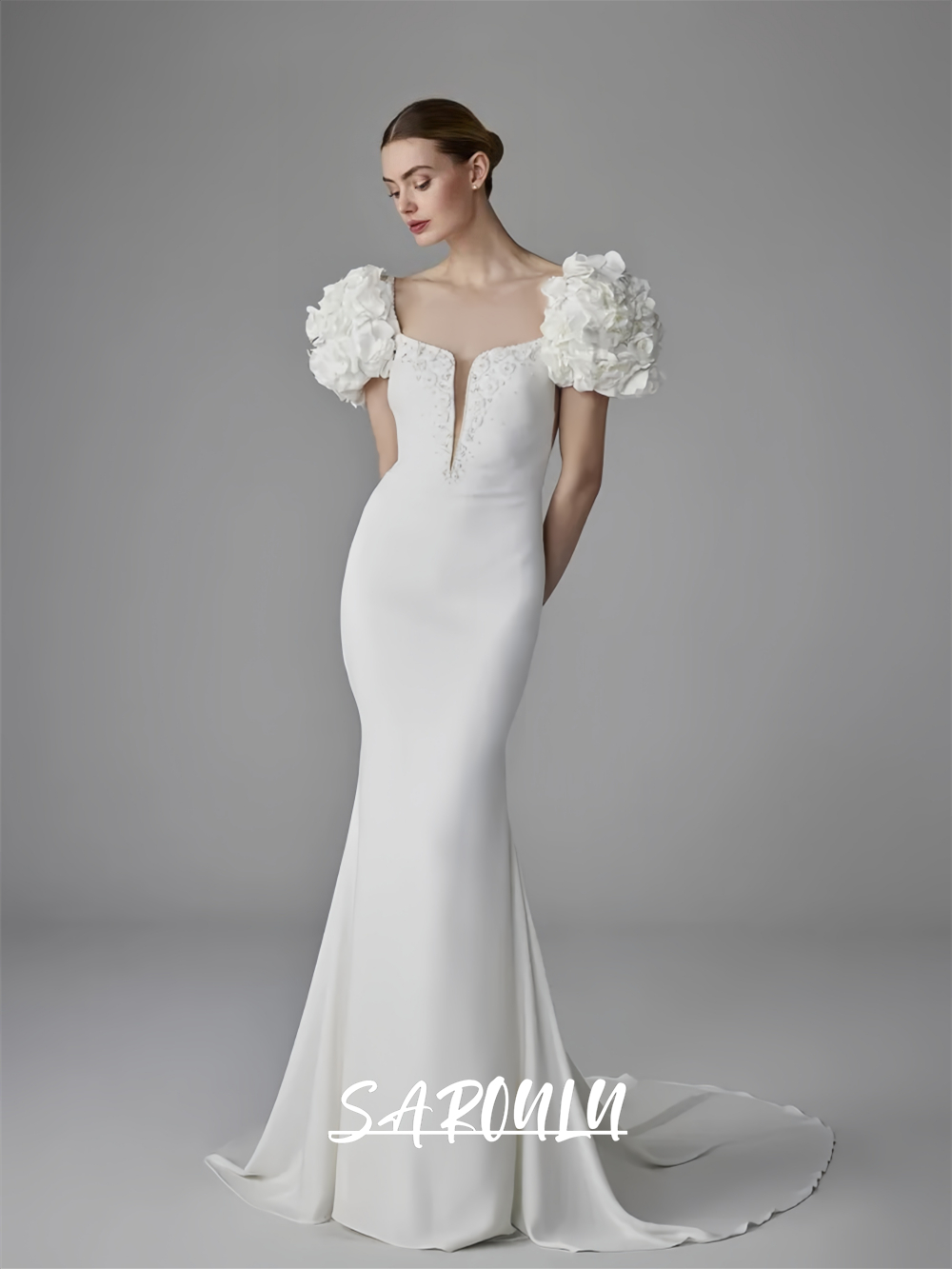 Modern Sheath Long Wedding Dress for Women, Detachable Floral Shoulders, Matte Satin Bride Dresses, Customized Bridal Gown