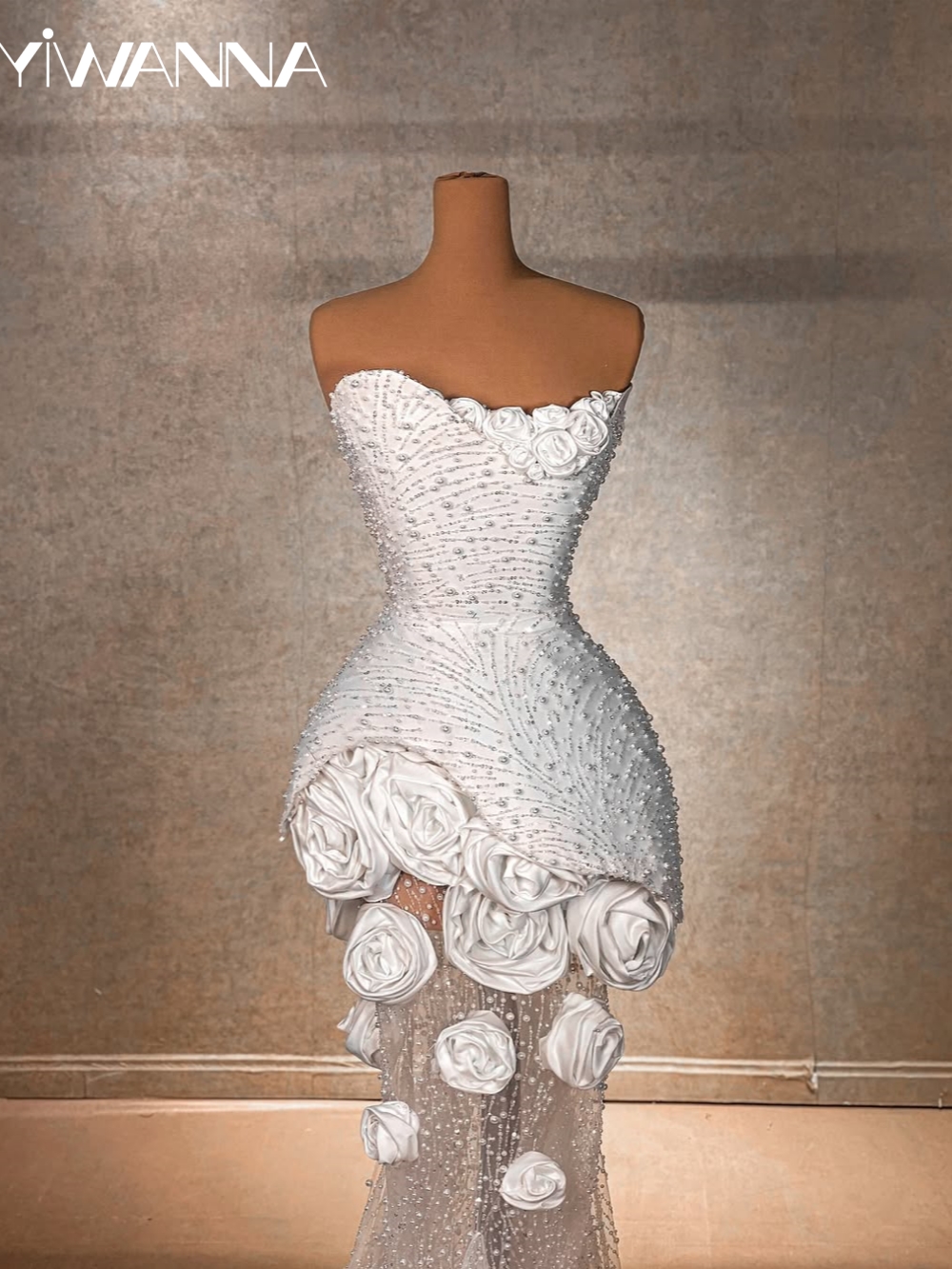 Shiny Beaded Pearls Mermaid Long Wedding Dress Luxury Strapless 3D Flower Bridal Gown Customized Illusion Dresses For Bride