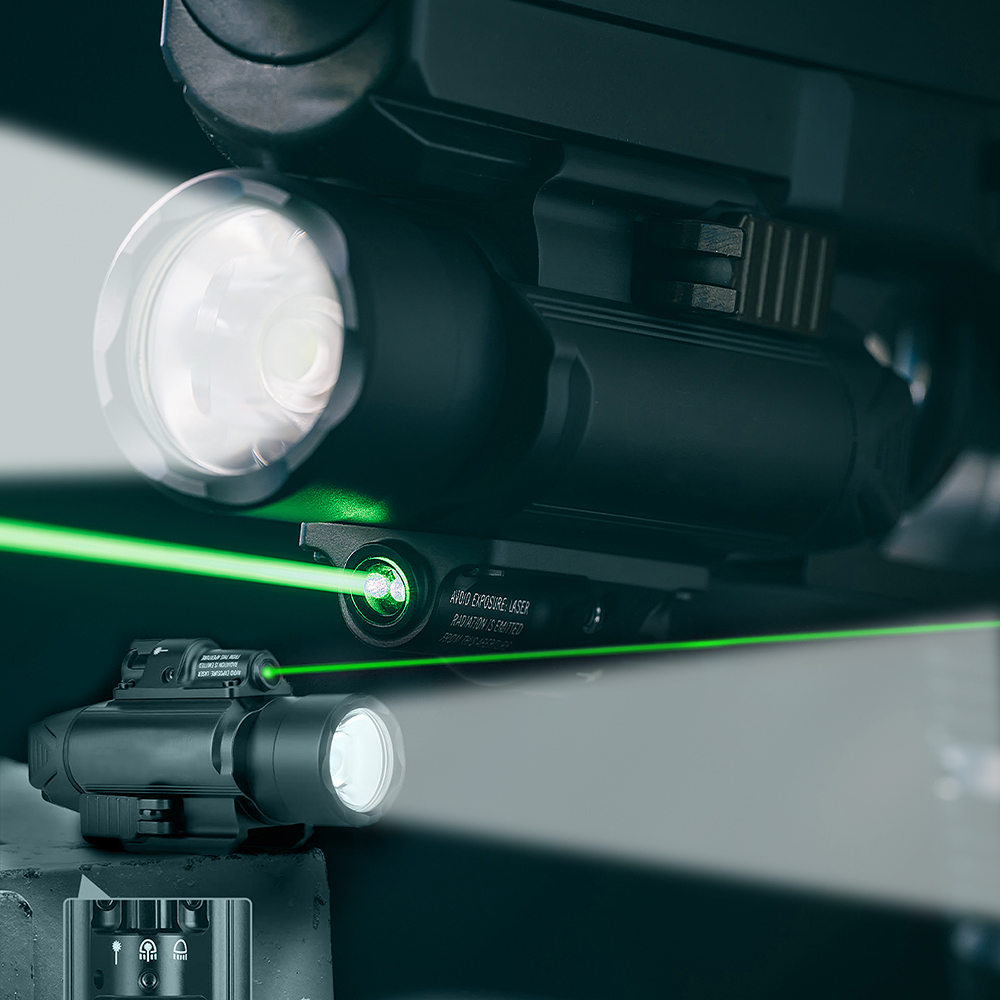 Tactical under-hook flashlight，1350 Lumens Tactical Weaponlight with Green Light and White LED, Compatible with 1913 or GL Rail