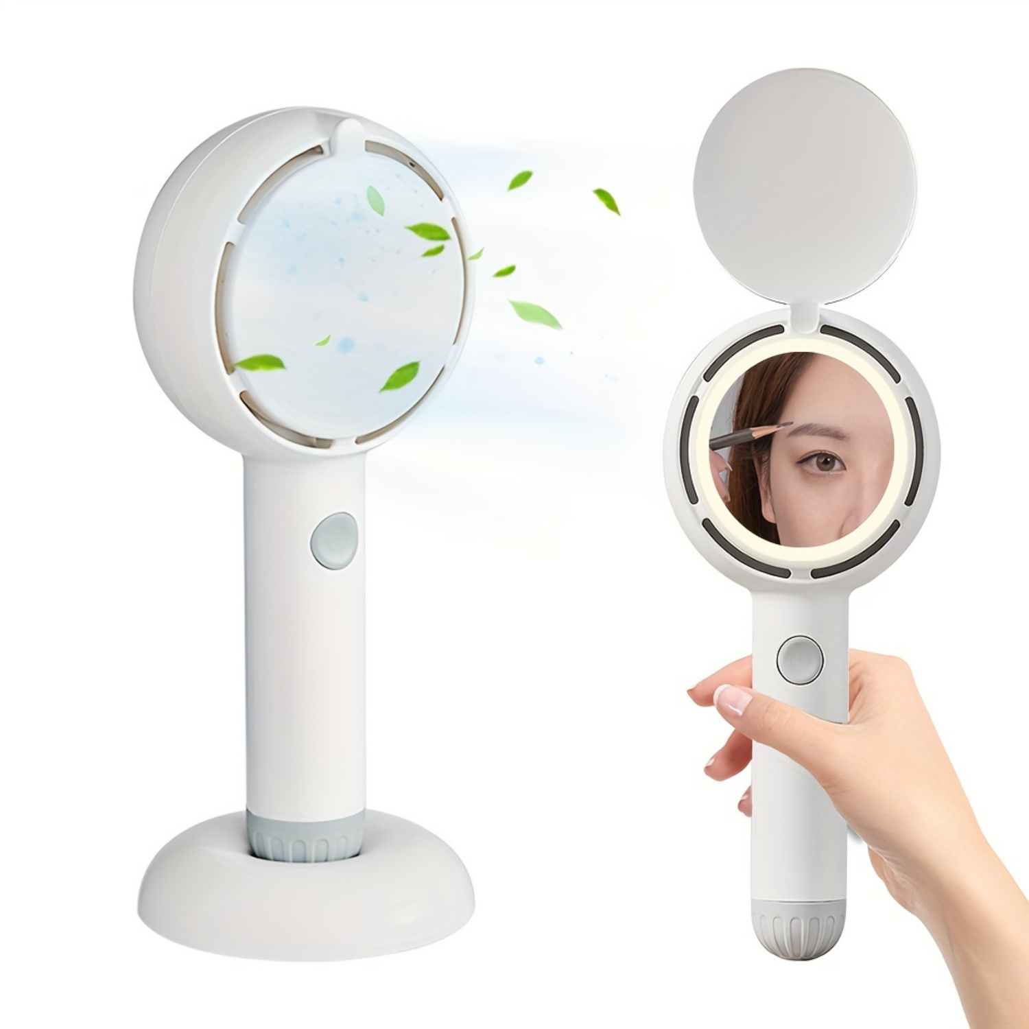 Portable LED Makeup Mirror With Handheld Fan, Rechargeable Mini Personal Beauty Mirror With Light, For On-The-Go Cooling And Gro