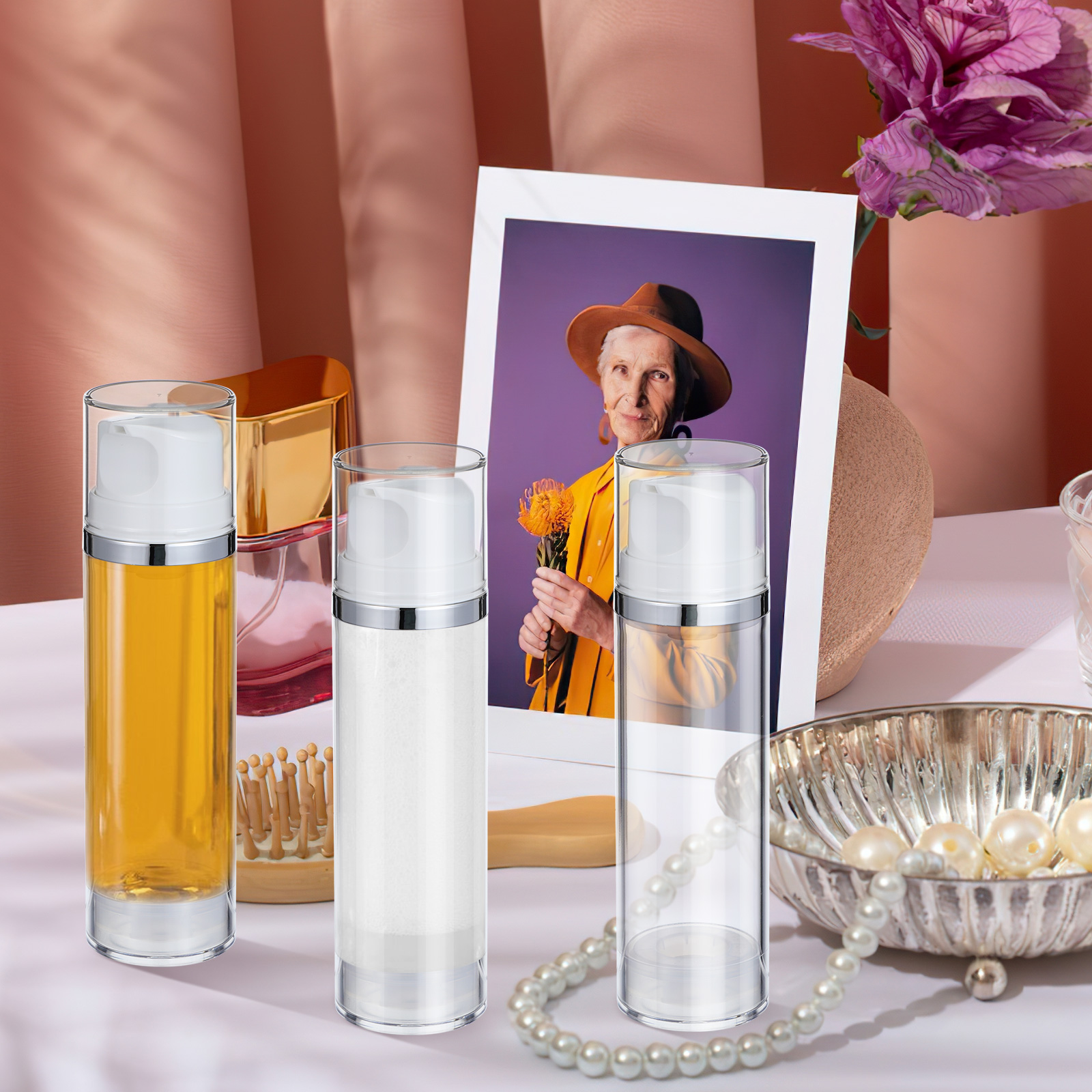 2pcs Airless Pump Bottle Empty Container Travel Lotion Dispenser Refillable Face Cream Container Press for Skincare