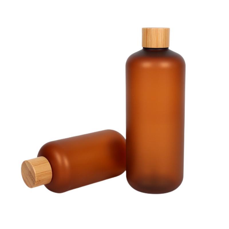 250/500ml Bamboo Cap Frosted Amber Brown Plastic PET Bottle Black White Shampoo Serum Foam Pump Packaging Bulk