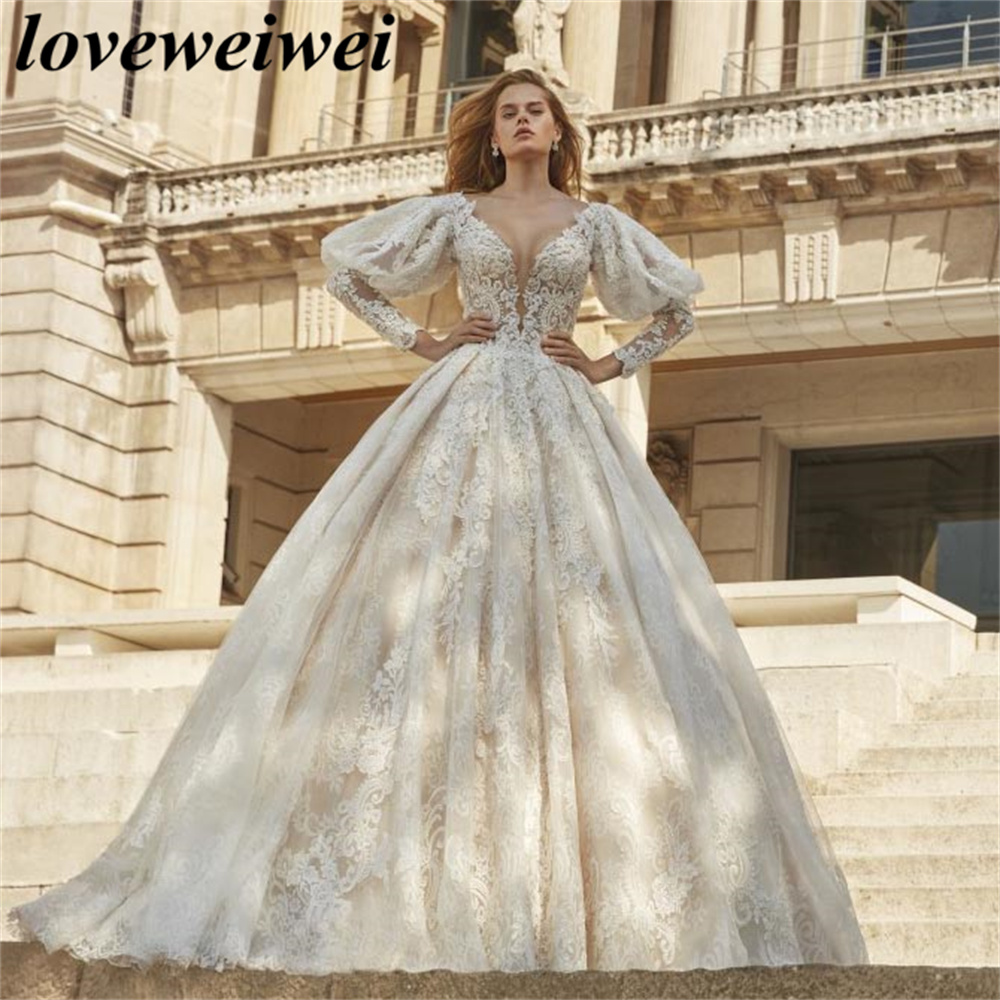 Princess Wedding Dresses Vintage Palace Lace Appliques Ball Gowns For Wedding Tulle Long Sleeves Elegant Luxury Marriage Dress