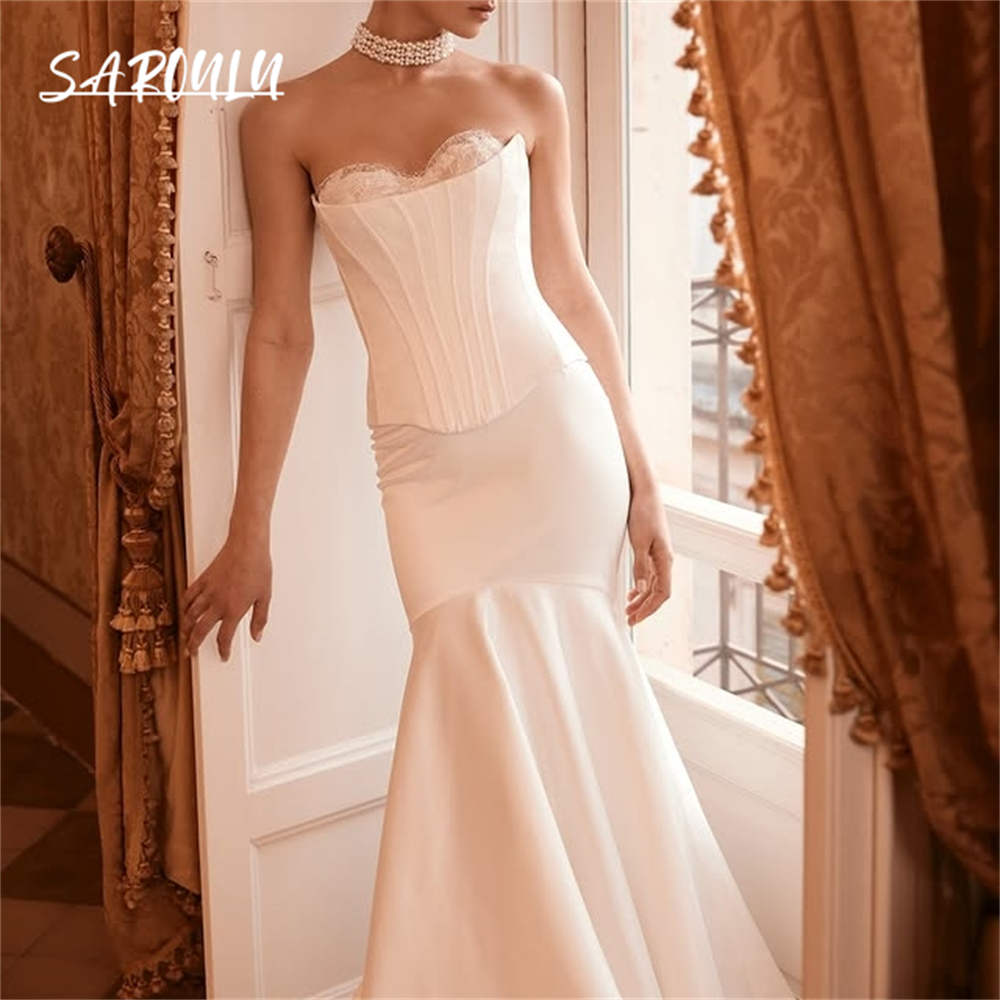 Chic Simple Wedding Dress for Women, Strapless Mermaid Long Bride Dresses, Customized, Lace Details Plus Size Bridal Gown