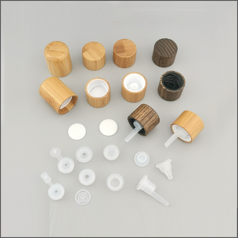 Dark Bamboo Screw Caps withFunnel Plugs for Skin Care Toner Oil Glass Bottle Essential Oil Bottle Cap Wooden Cap with Drops Plug
