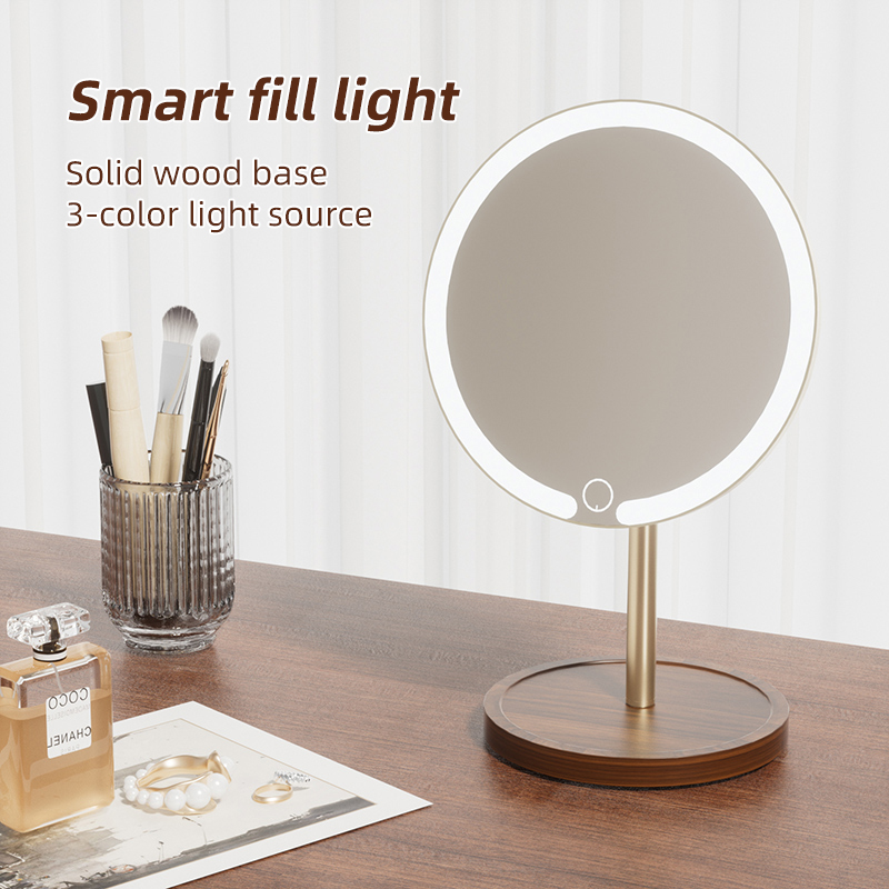Desktop single-sided makeup mirror with light alloy rod wooden chassis dormitory home LED beauty mirror USB charging