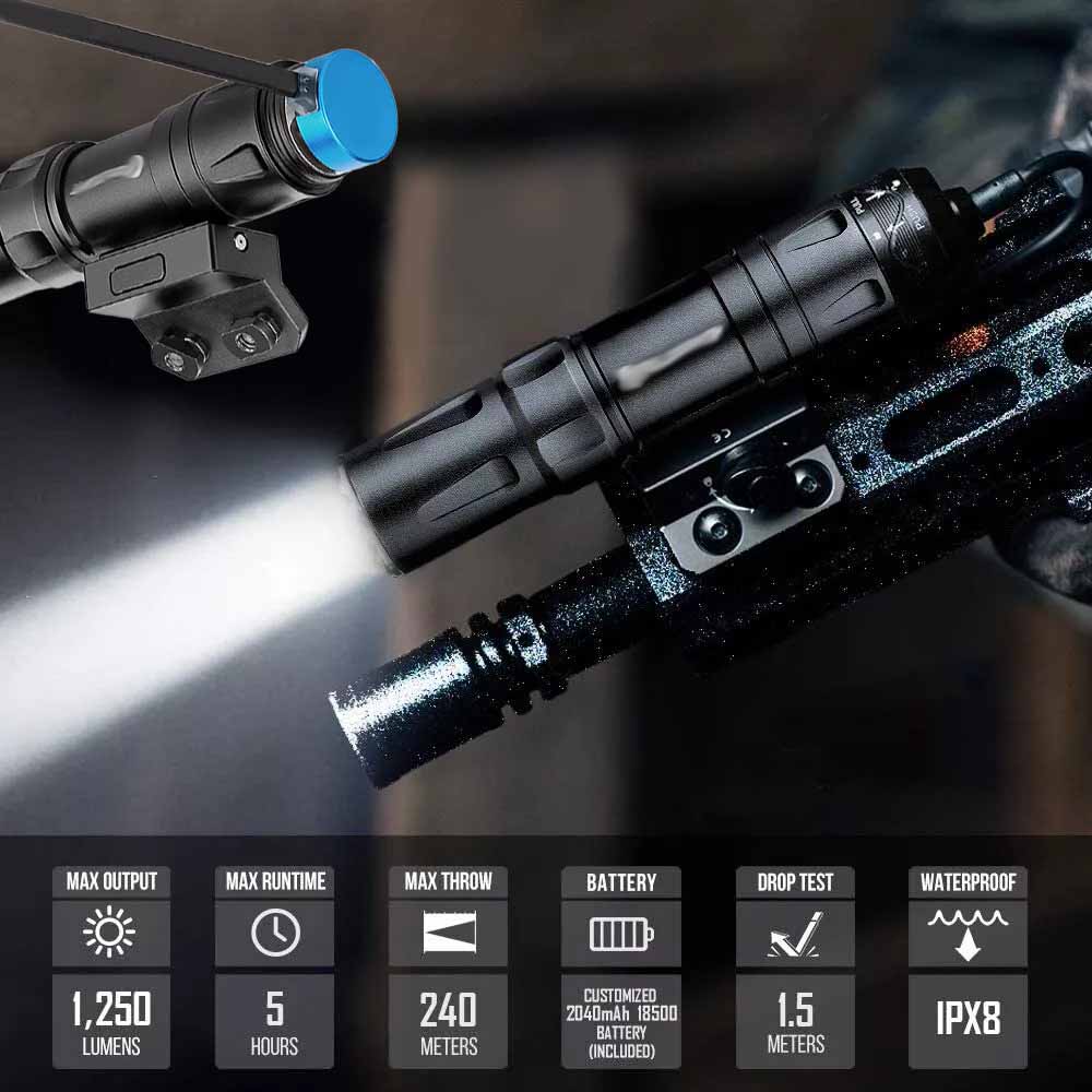 Magnetic Tactical Under-hung Flashlight，1250 Lumens Rechargeable Mount Weaponlight, Removable Slide Rail Mount and Remote Switch