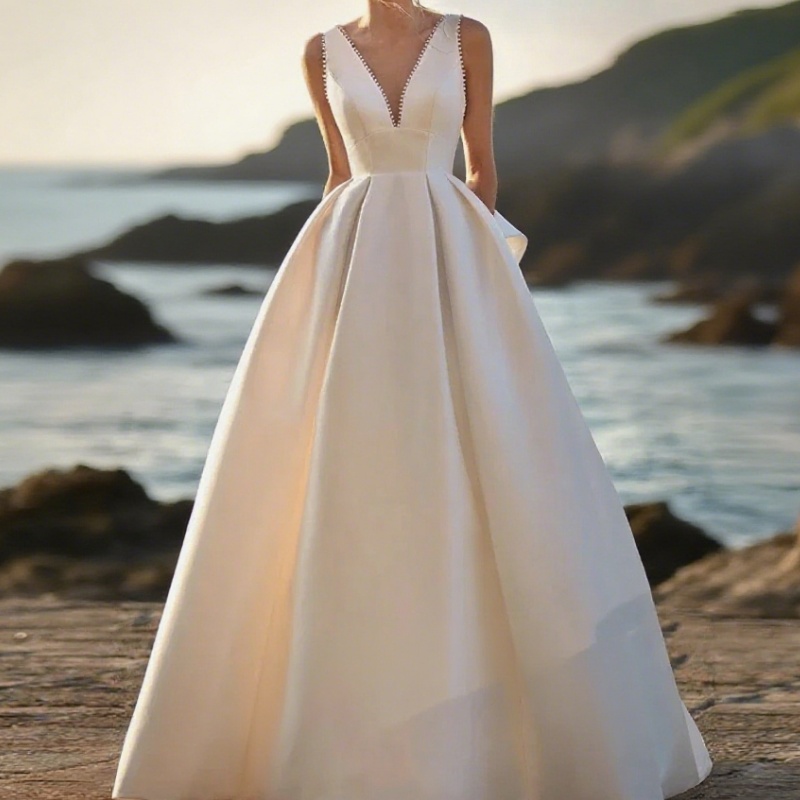 Classic Satin Wedding Dresses For Woman Bride V-neck Backless Pearls Bow Robe Drop Shipping Customized