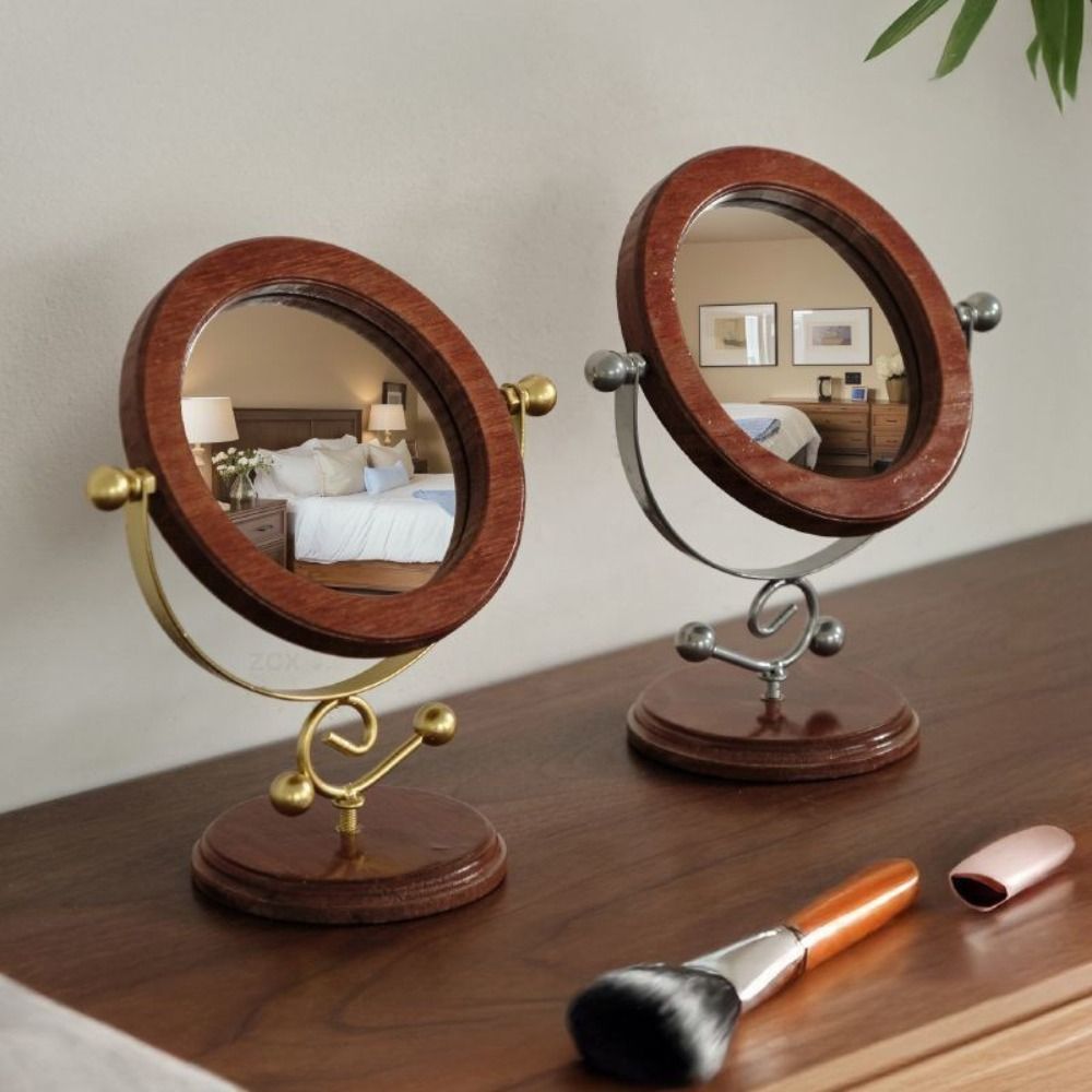 New Rotating Design Wood Makeup Mirror Retro Style Makeup Application Dressing Mirror Home Accessory Simple Decorative Mirror