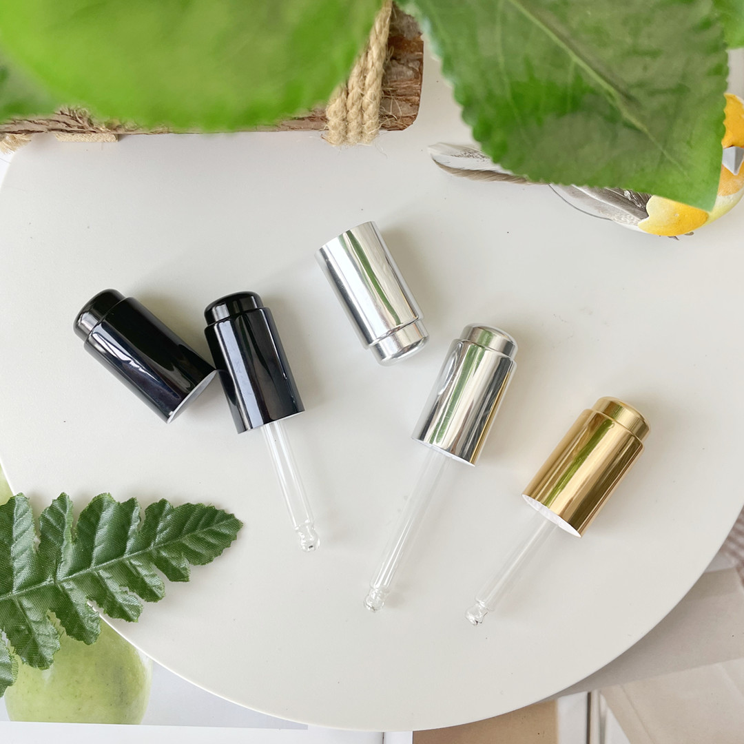 100Pcs Aluminum Essential Oil Dropper Lids 18MM 410 Bottle Caps with Glass Pipettes for Perfumes Skincare Container Press Pump C