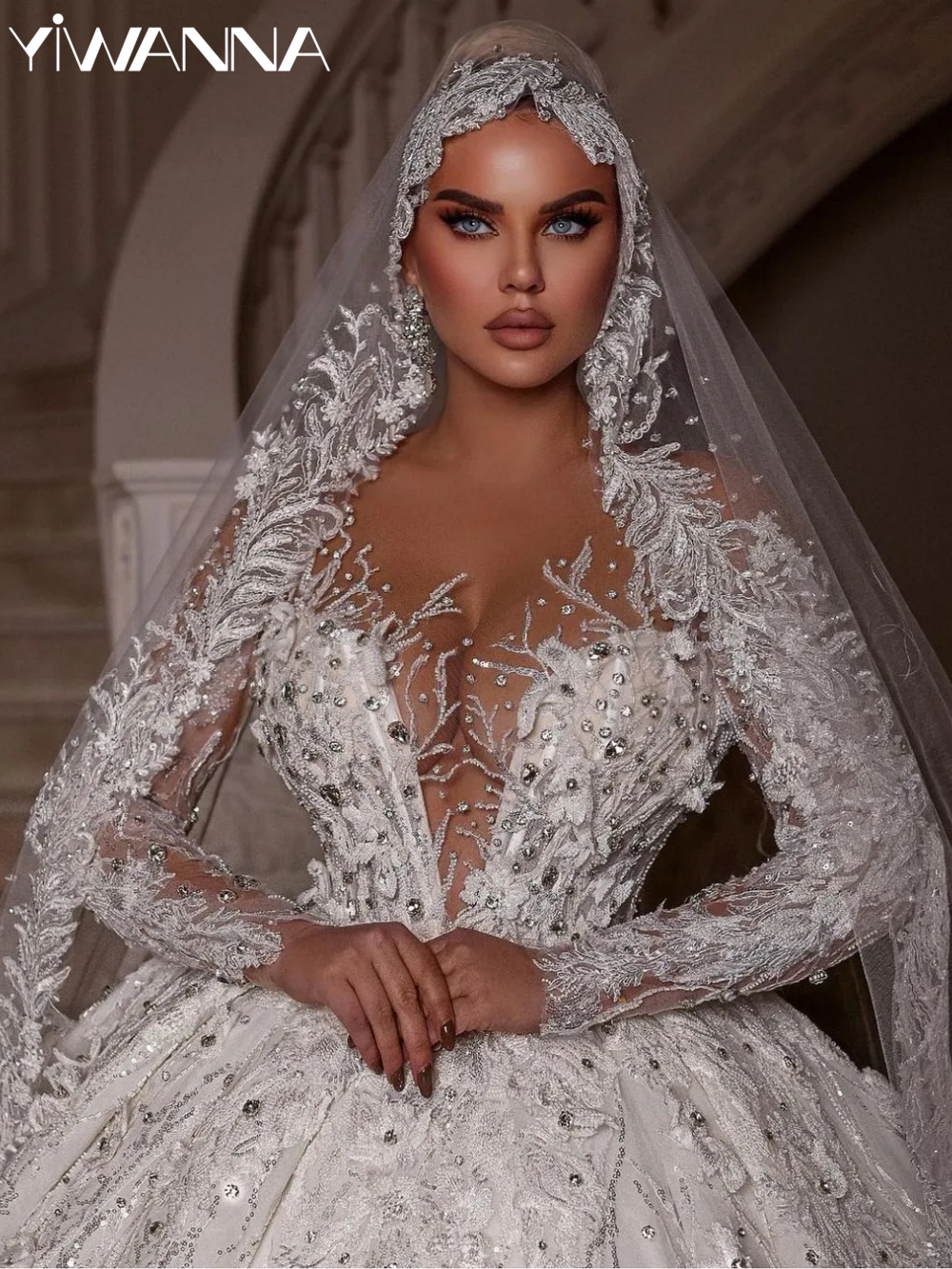 Embroidery Beaded Lace With Crystal Wedding Dress Illusion Long Sleeve Bridal Gown Customized Luxury Ball Gown Dresses For Bride