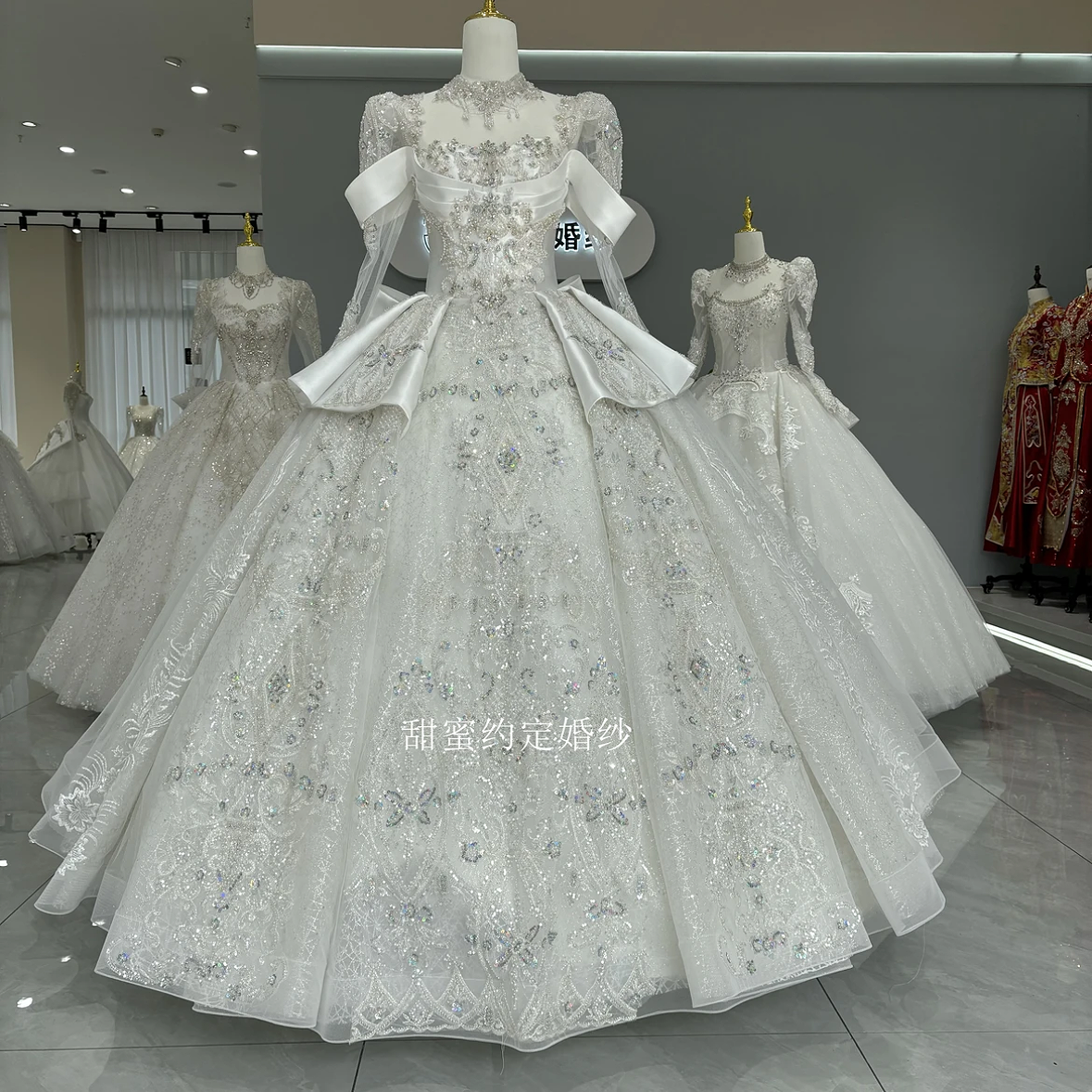 Luxury Bride Wedding Dresses Full Sleeve Beading Rhinestone Embroidery Long Trailing Ball High-end Wedding Party Gowns 2024