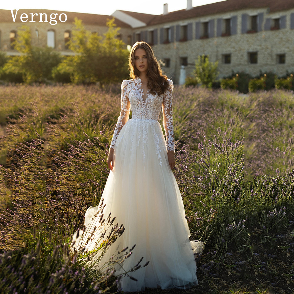 Verngo lvory Appliques Wedding Dresses Elegant Tulle V Neck Sweap Train Bride Gowns Side Slit Moderm Bridal Dresses Cutomized