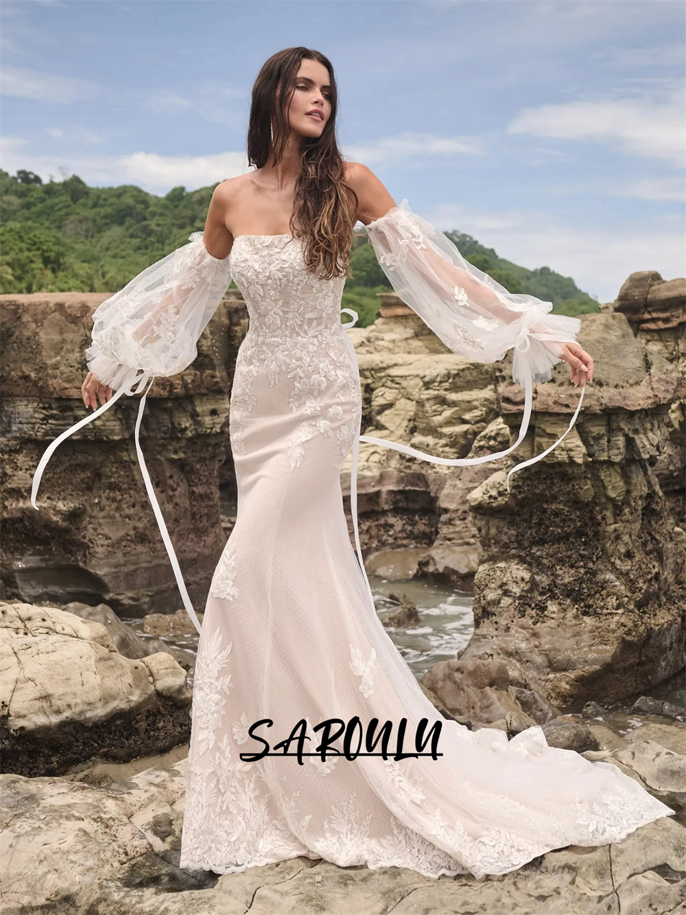 High Quality Women's Wedding Dress with Puff Sleeves, Long Sheath Tulle Bride Dresses with Lace, Customized Bridal Gown