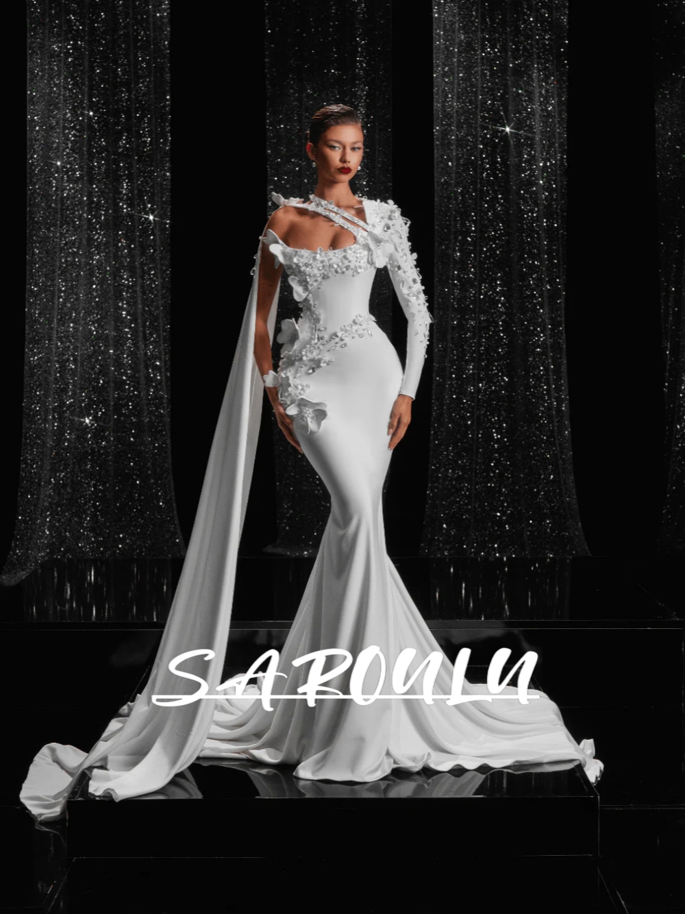 Chic Asymmetrical Neckline Satin Wedding Dress Charming Flowers Pearls Women Elegant Mermaid Bridal Gown With Cape Customized