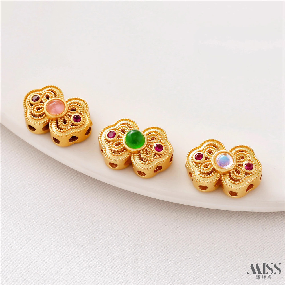 18K Gold-packed Color-preserving Matte Gold Inlaid with Opal Moonstone Bow Bead Diy Bracelet Bead Jewelry Accessories