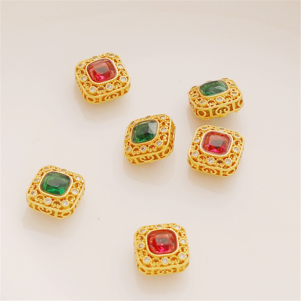 18K Gold Square Zircon Hollow Through Hole Loose Beads, Double-sided, Red, Green, Matte Gold, DIY Bracelet, Necklace