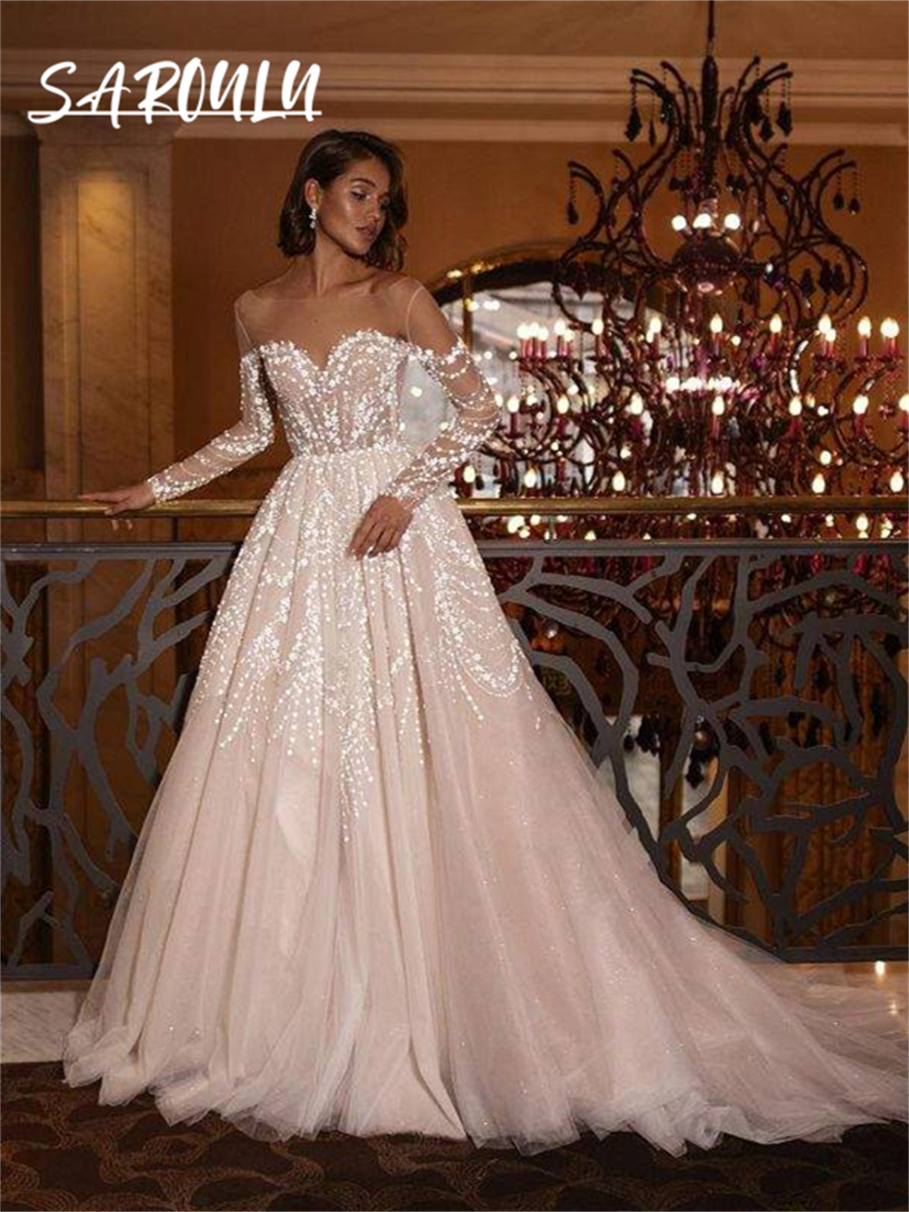 Sheer Neck Ballgown Wedding Dress Long Sleeves Tulle Long Bridal Gown With Lace Appliques Button Closure Custom Made