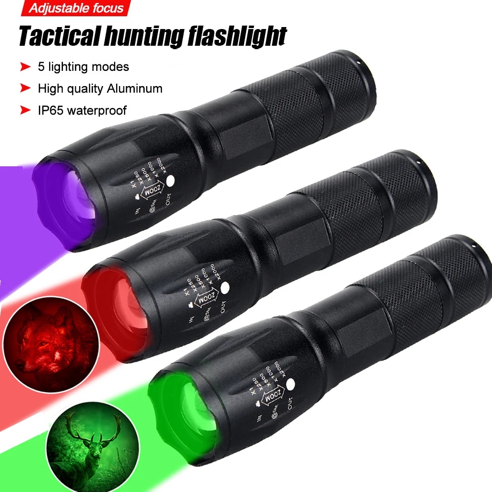 VASTFIRE Mini Zoomable Red/Green Hunting Flashlight 5 Modes Tactical Focusing Torch Waterproof IP65 Pocket Weapon Gun Light