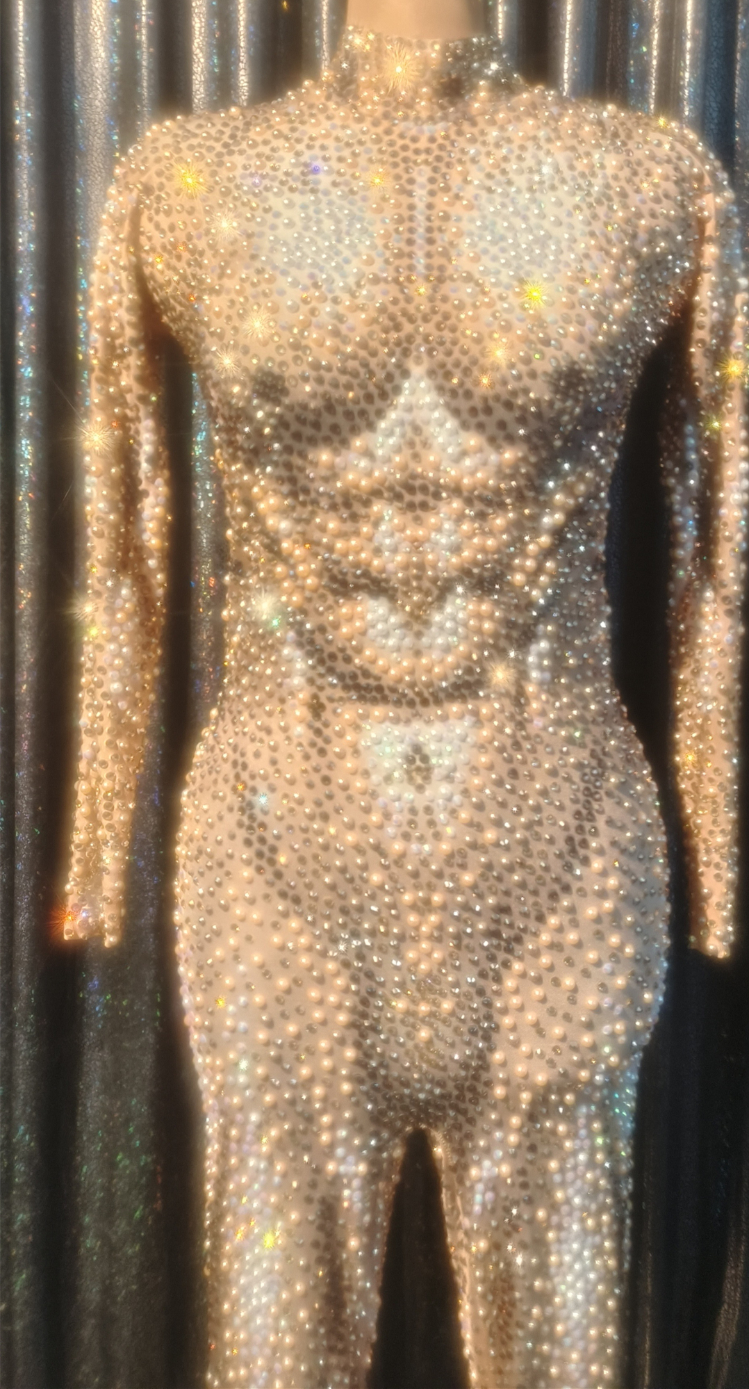 Shining Pearl Sexy Men Jumpsuit Long Sleeves Rhinestones Costume Outfit Evening Celebrate Costume Birthday Dance Wear Zhenzhunan