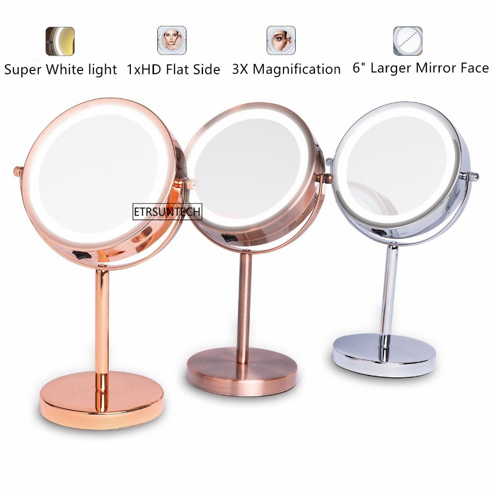 6" 1X/3X Magnifying Double Sided Mirror With Stand 18 LED Lighted Tabletop Makeup Cosmetic Mirror Battery Operated 3 colors