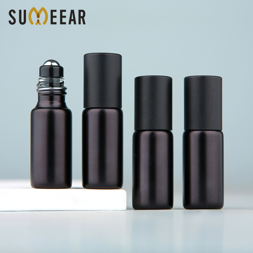 50/100Pcs/Lot 5ml Matte Black Essential Oil Bottle Refillable Roll On Perfume Bottle Frost Glass Roller Bottles Cosmetics