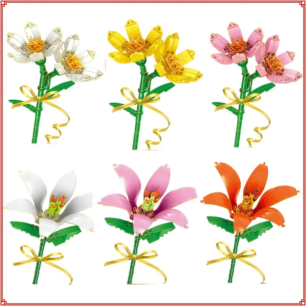 Flower Bouquet Building Blocks Rose Lily Starry Sky Creative Home Desk Plant Decoration Assemble Model Toy Children Holiday Gift