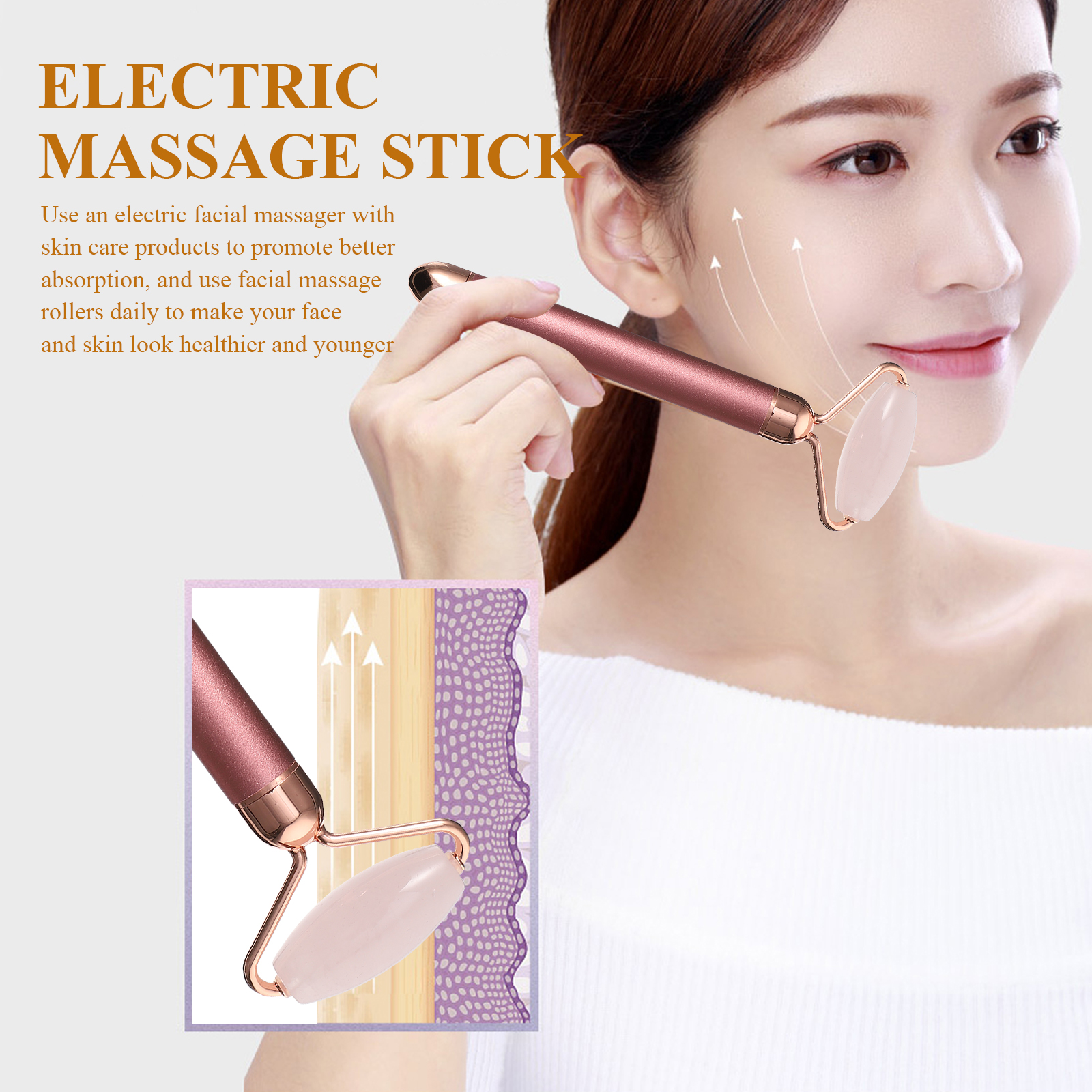 Jade Facial Massager 3in1 Roller Set Electric Stick Tools Anti Aging Skin Smoother Collagen Booster Reduce Wrinkles Eyes