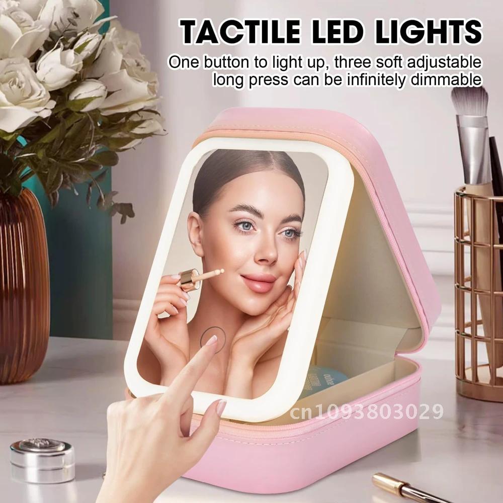 Portabl LED Three-Color Adjustable Makeup Mirror Cosmetic Bag Smart Mirror Lighted Travel for Gift Organizer Makeup Girl Women