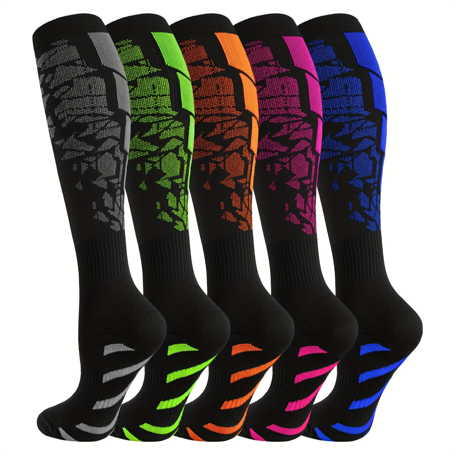 5-Pack Compression Socks for Men & Women, Nylon & Polyester Knit Fabric, Sweat-Wicking, Non-Slip Cuff, Muscle Vibration Reductio