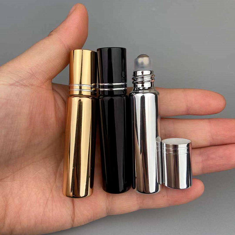 20pcs/Lot 10ml UV Plating Gold Glass Roll On Bottle Black Essential Oil Bottles Empty Travel Refillable Packaging Bottle Silver