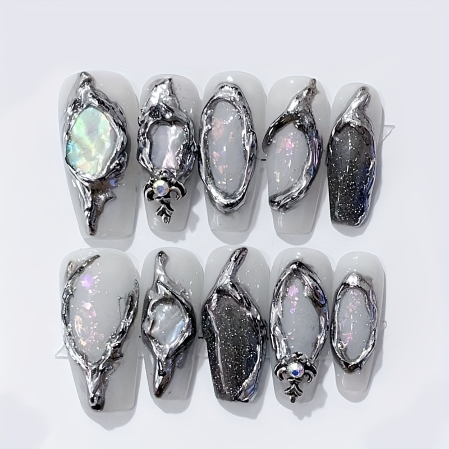 10pcs Shimmering Ice Transparent Gray Press On Nails with Magic Mirror Powder and Rhinestone Design - Glossy Long Coffin False N