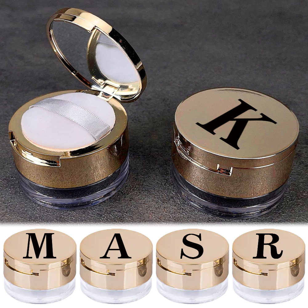 1pc Gold Puff Box Loose Powder Container With Sieve Mirror Black Letter Travel Makeup Container Initial Name 26 Letters Pattern