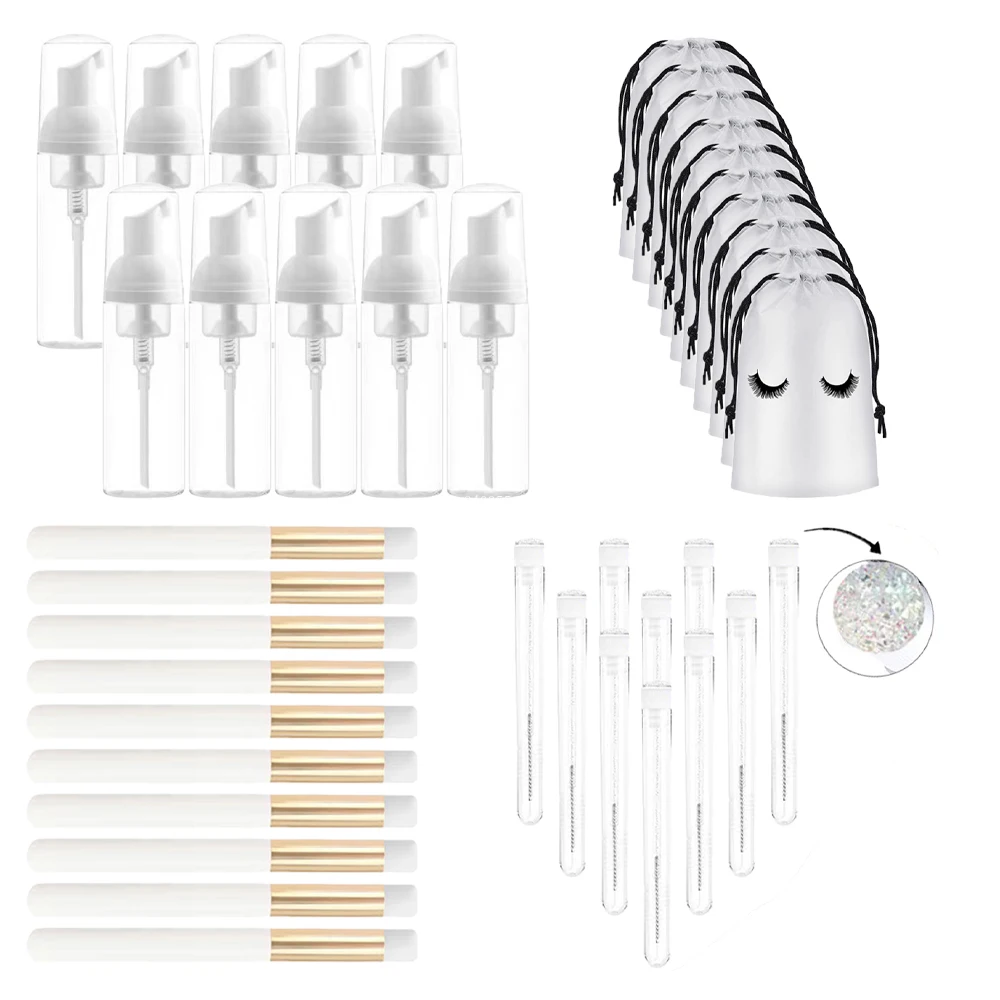 40Pcs/Lot 60ML Eyelash Shampoo Brush Empty Foam Bottle Set Includes 10Pcs Cleaning Brush 10Pcs Mascara Brush 10Pcs Storage Bag