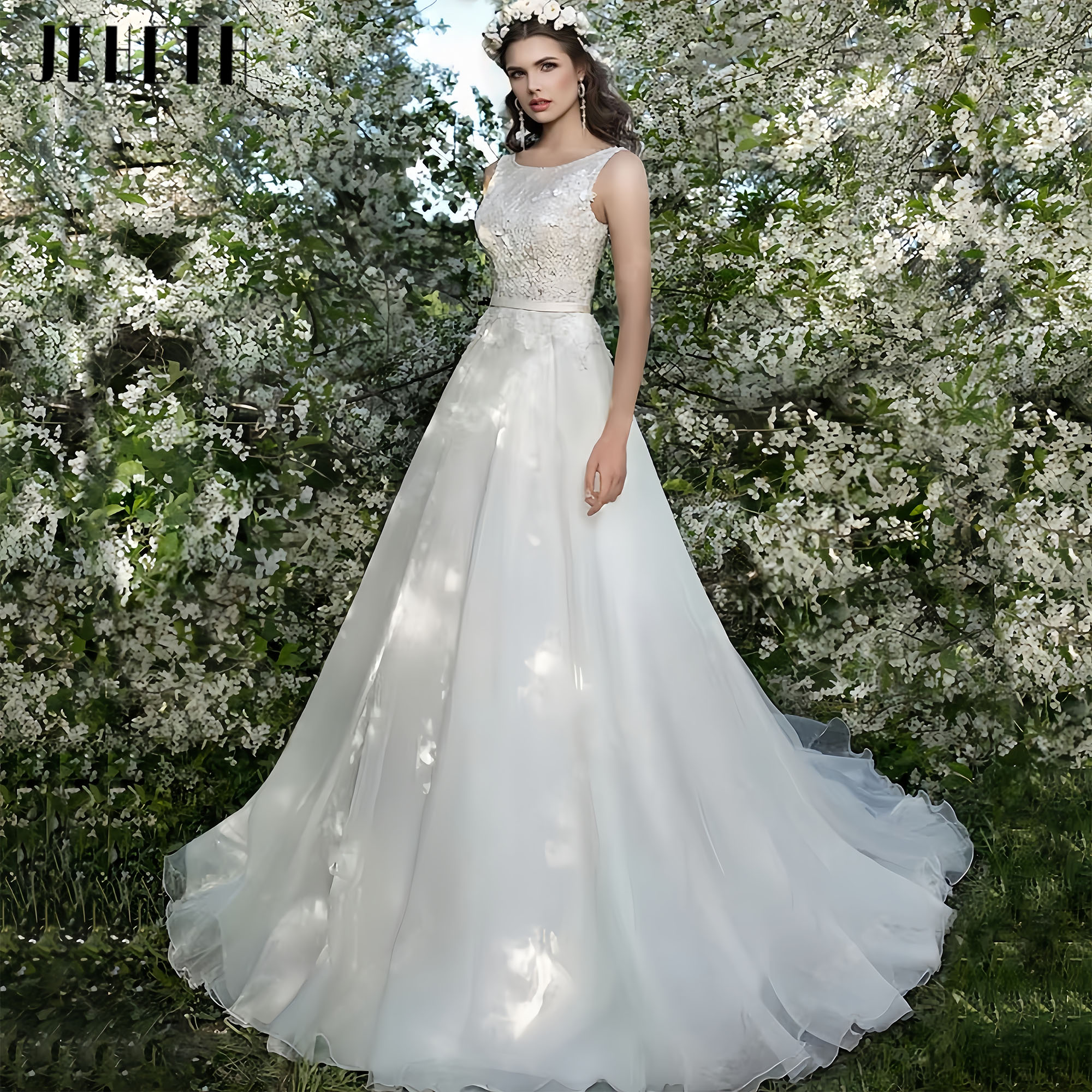 JEHETH O-Neck A-Line Wedding Dress Elegant Lace Flower Print Sleeveless Bridal Gowns Mopping Length Bridal Robes 2025 Customized