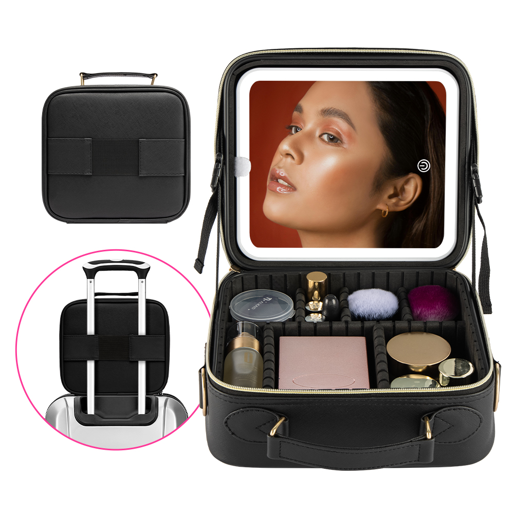 Makeup Bag with LED Lighted Mirror Travel Makeup Case for Women Large Make Up Bags Dividers and Brush Holder For Vacation,Gift