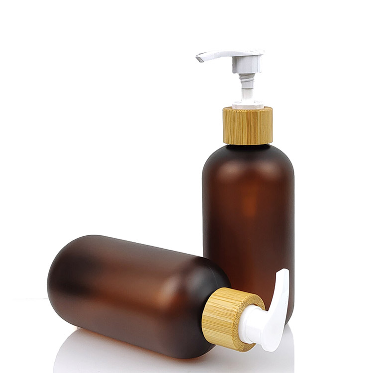 Wholesale Round Shape Frosted Amber PET Plastic Shampoo Pump Dispenser Bottle Plastic Lotion Pump Bottle Empty Lotion Bottle