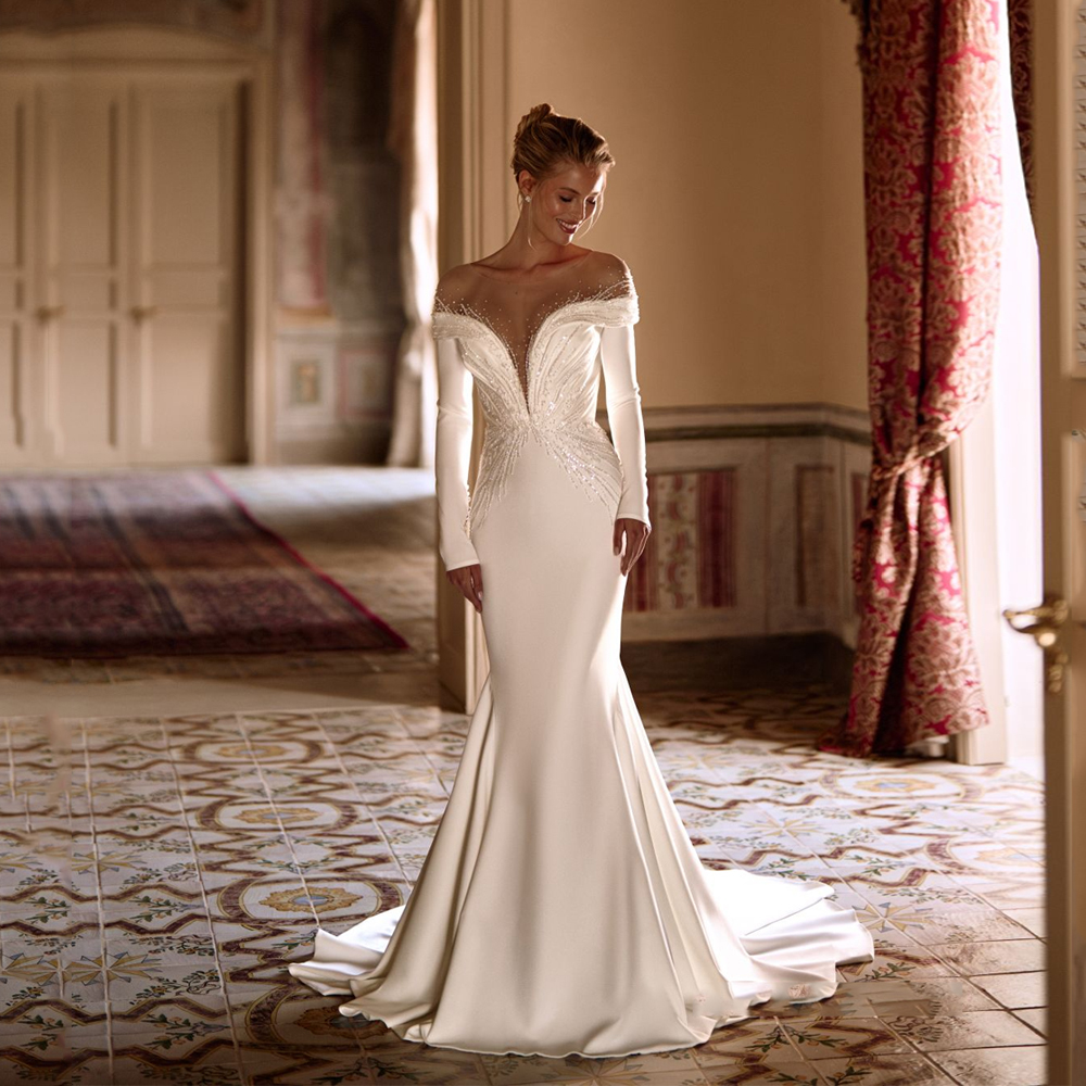 Customized Mermaid Wedding Dress Long Sleeves Satin Beaded Bride Gowns Sequined Backless Luxury vestidos de novia Sweep Train