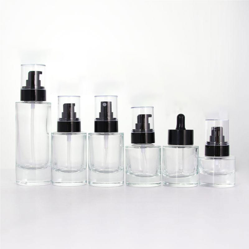 Cosmetic Skincare Packaging Flat Shoulder Glass Bottle Skincare Packaging Round Cosmetic Glass Toner Lotion Pump Glass Serum