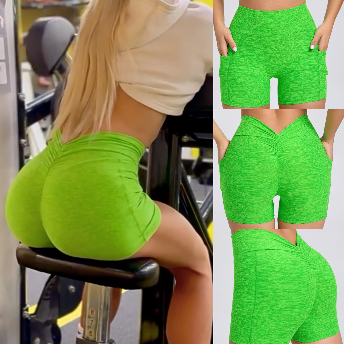 Gym Shorts for Women Running Tights V Back Yoga Shorts with Pockets Nylon Fitness Clothing