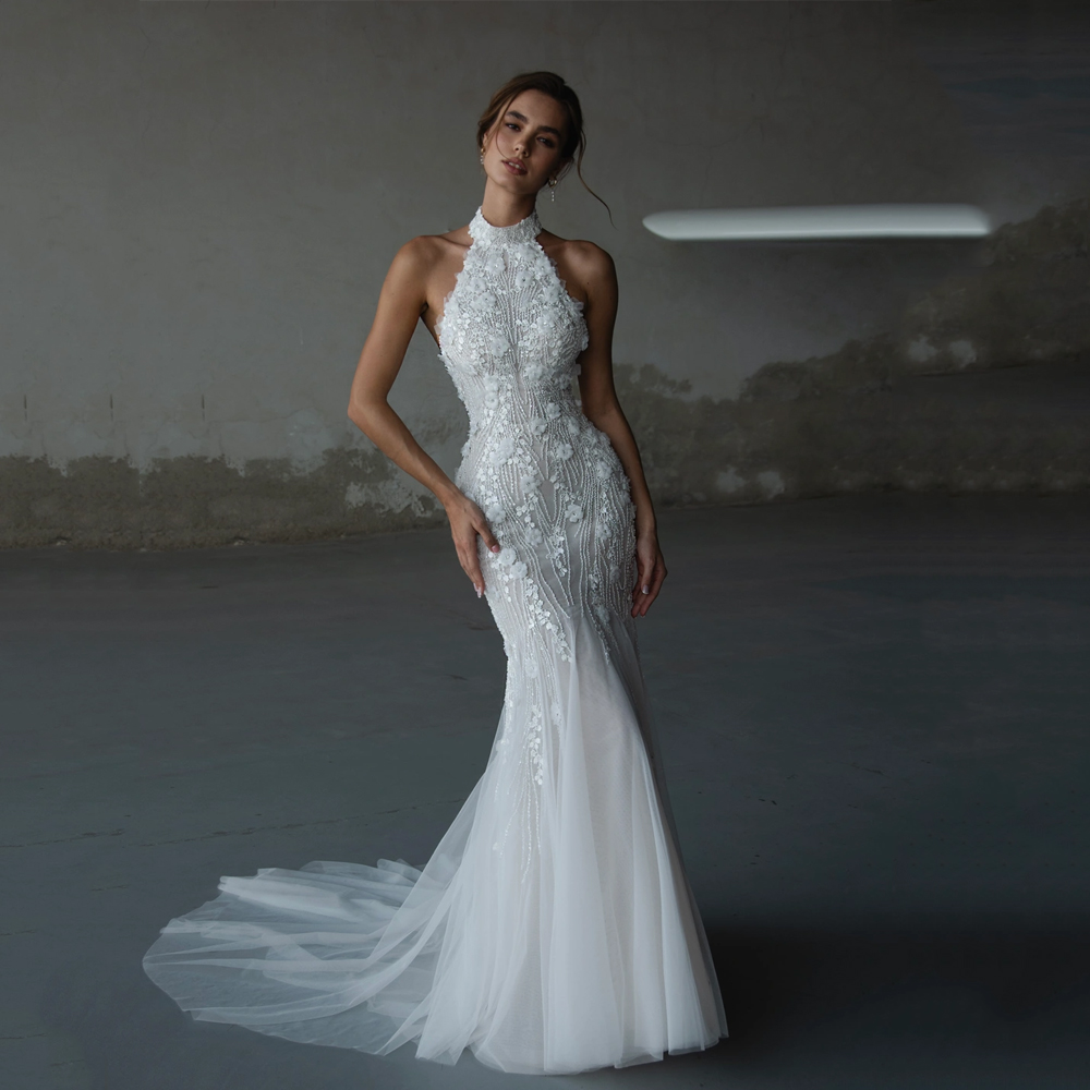 Flowers Wedding Dresses 2025 Luxury Mermaid Beaded Sleeveless Tulle Bride Gowns Backless Halter Neck robe de mariée Customized