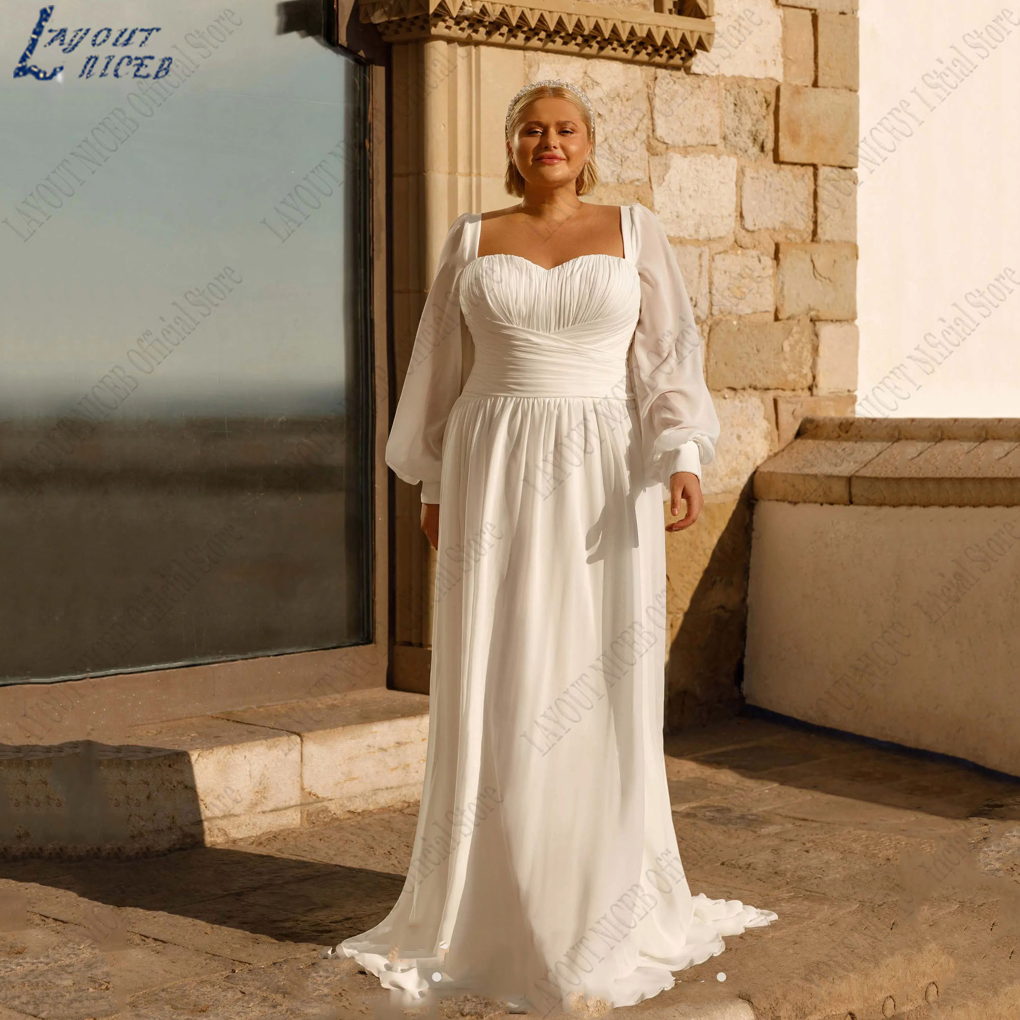 LAYOUT NICEB Sweetheart Chiffon Wedding Gowns Oversize Long Puff Sleeve A-Line Boho Bride Dress Backless Pleat платье Customized
