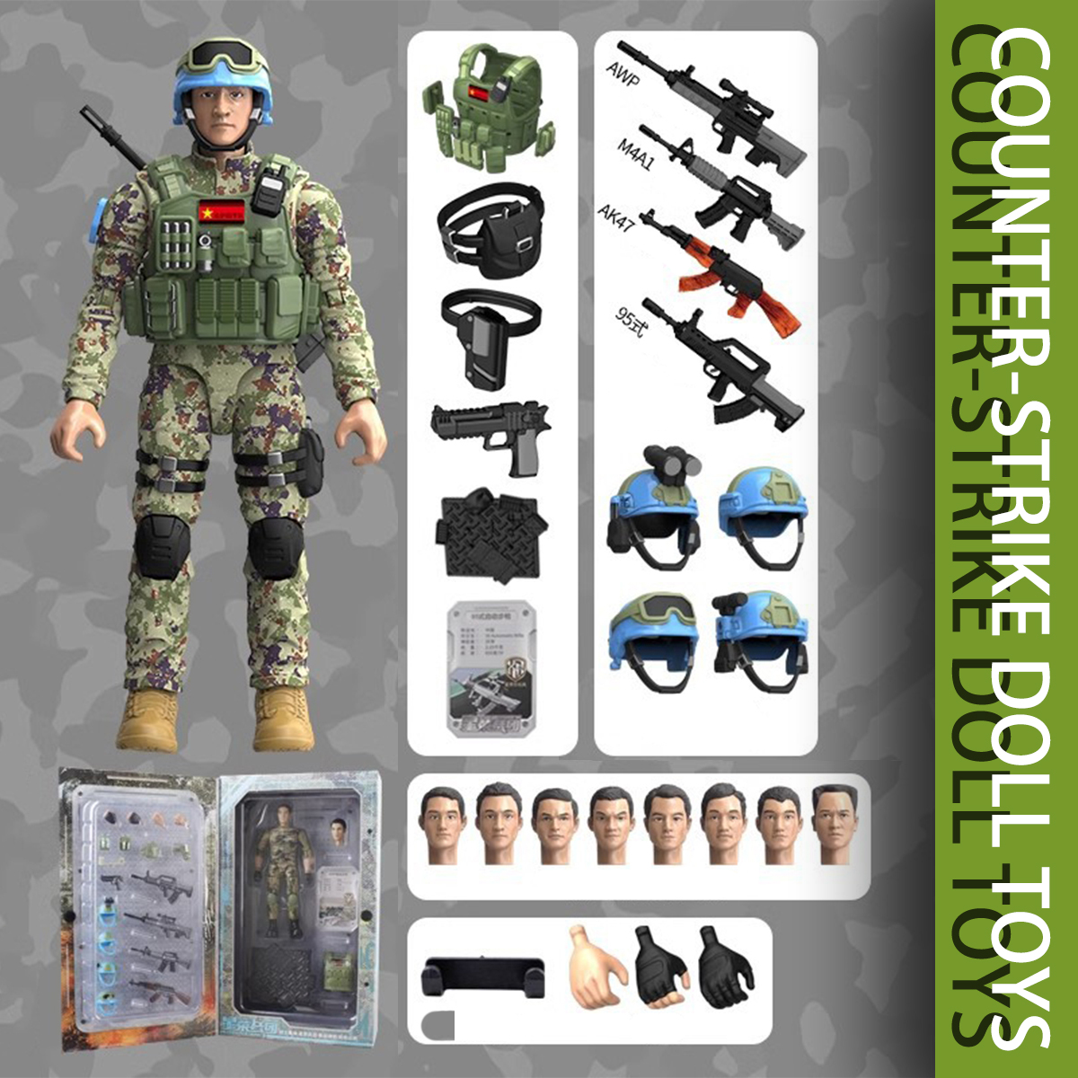 1:9 Simulation Tactical Doll With AK M416 Rifle & Pistol Holster & Helmet for Desktop Ornaments Collection Children's Gifts