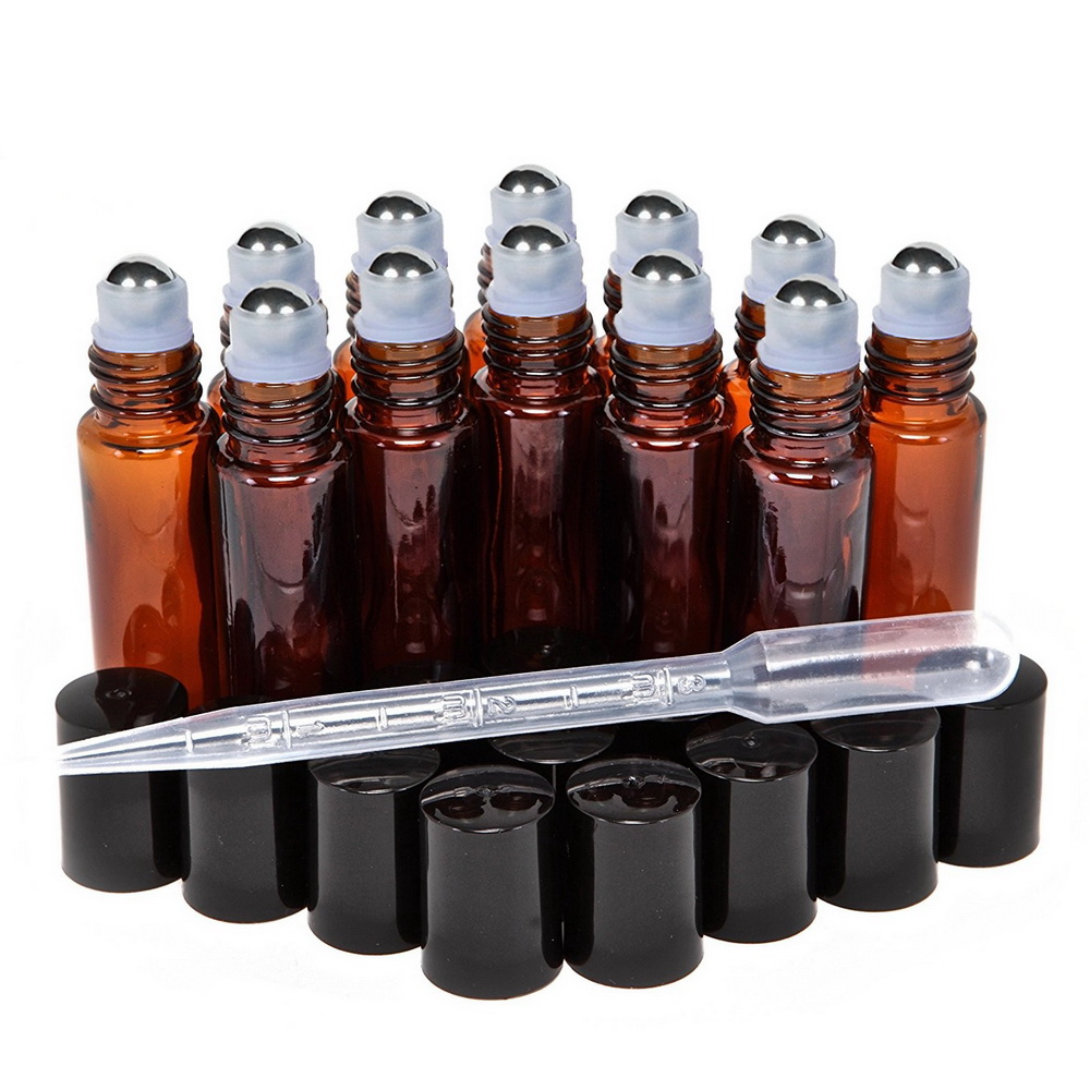 12pcs 10ml Amber Empty Refillable Glass Perfume Roll On Bottle With Stainless Steel Roller Ball for Essential Oil Aromatherapy